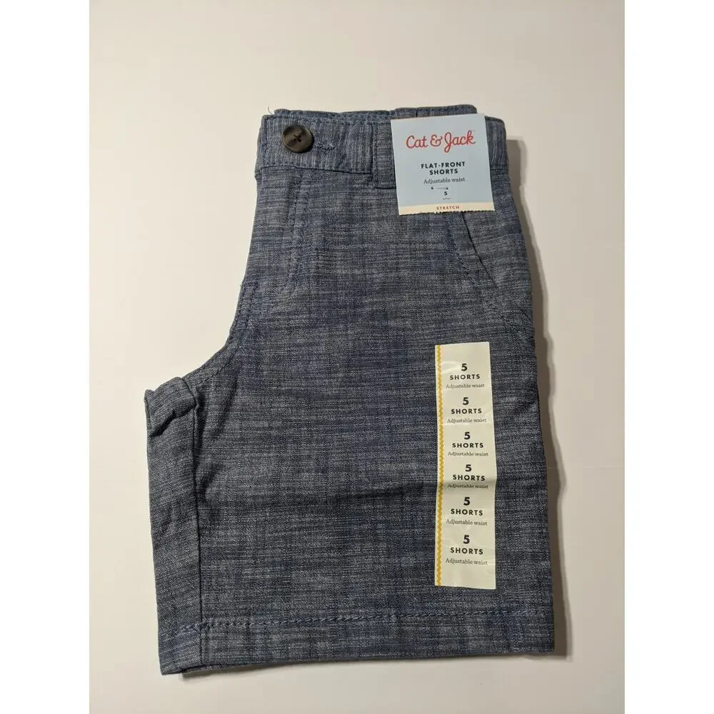 Cat & Jack Boys Flat Front Chino Shorts Blue 5 Stretchy Adjustable Waist Pockets